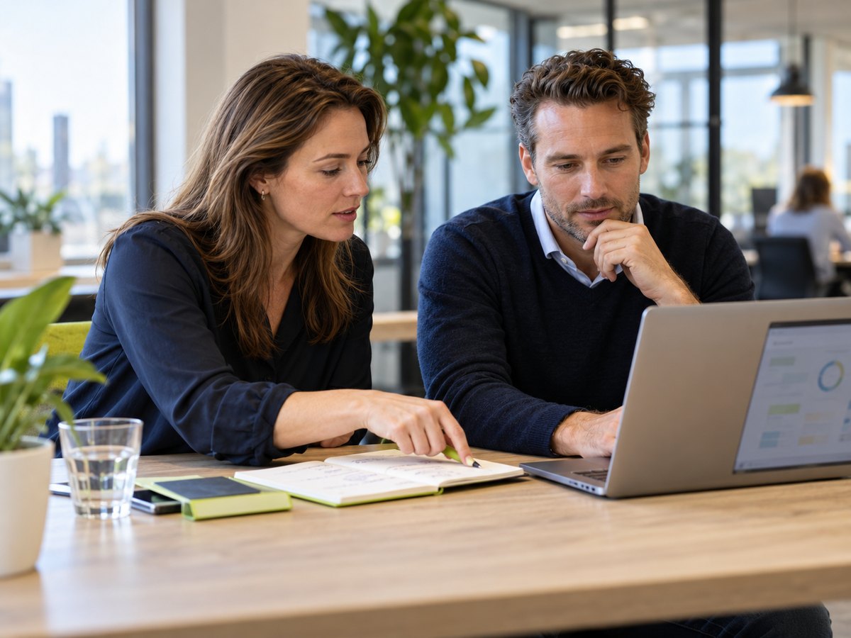 Implementatiespecialist en manager werken samen aan een software-inrichting