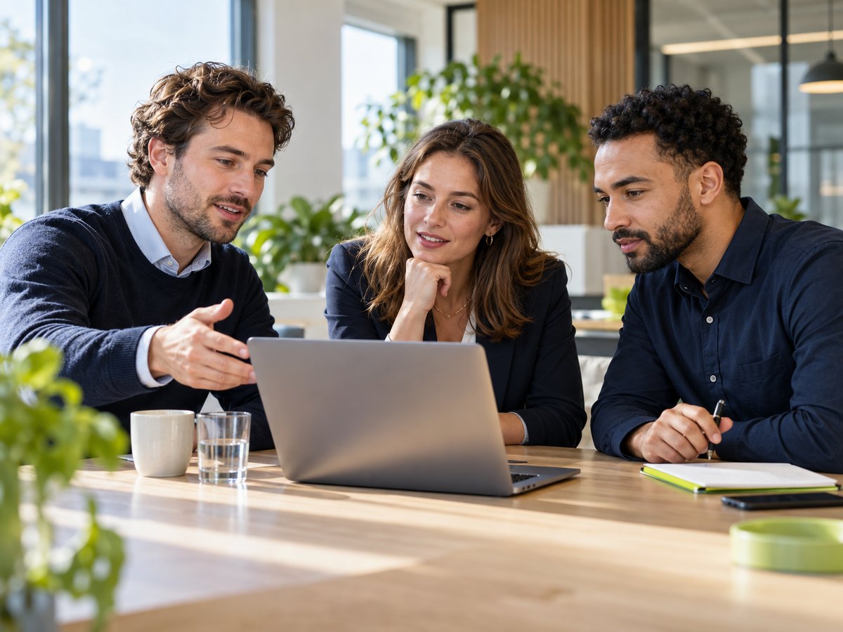 Professionals bespreken een softwaredemonstratie aan een laptop